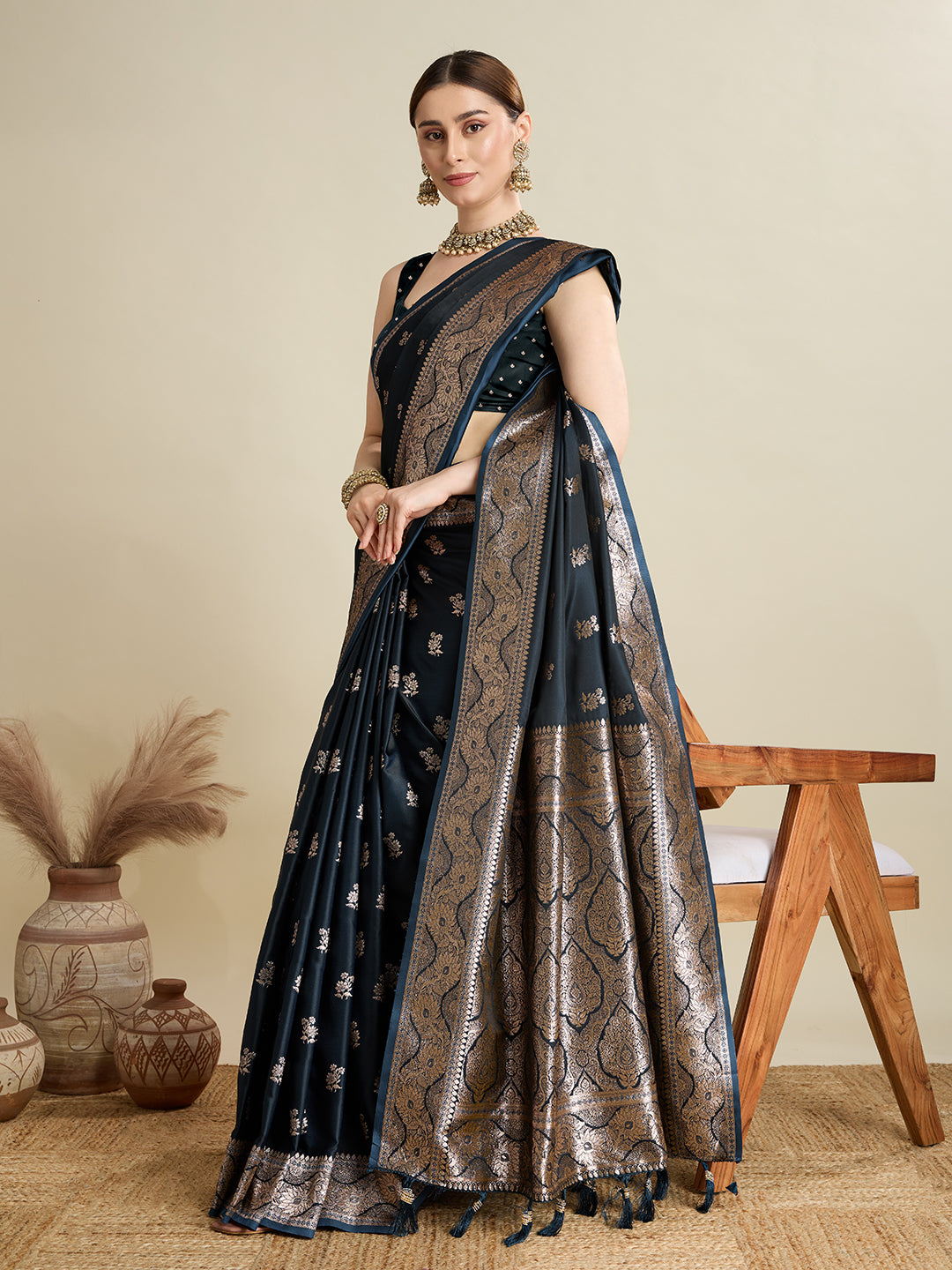 Soft Satin Silk Black Saree with Rich Zari Motifs, Contrast Border & Elegant Blouse