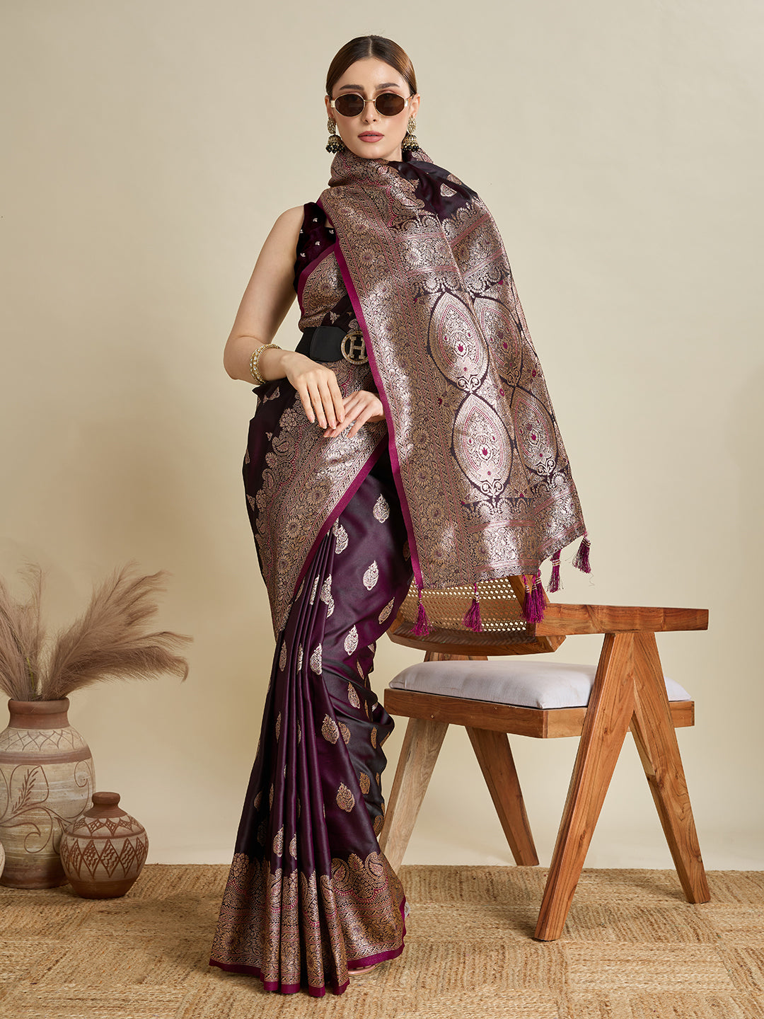 Soft Satin Silk Wine Saree with Rich Zari Motifs, Contrast Border & Elegant Blouse