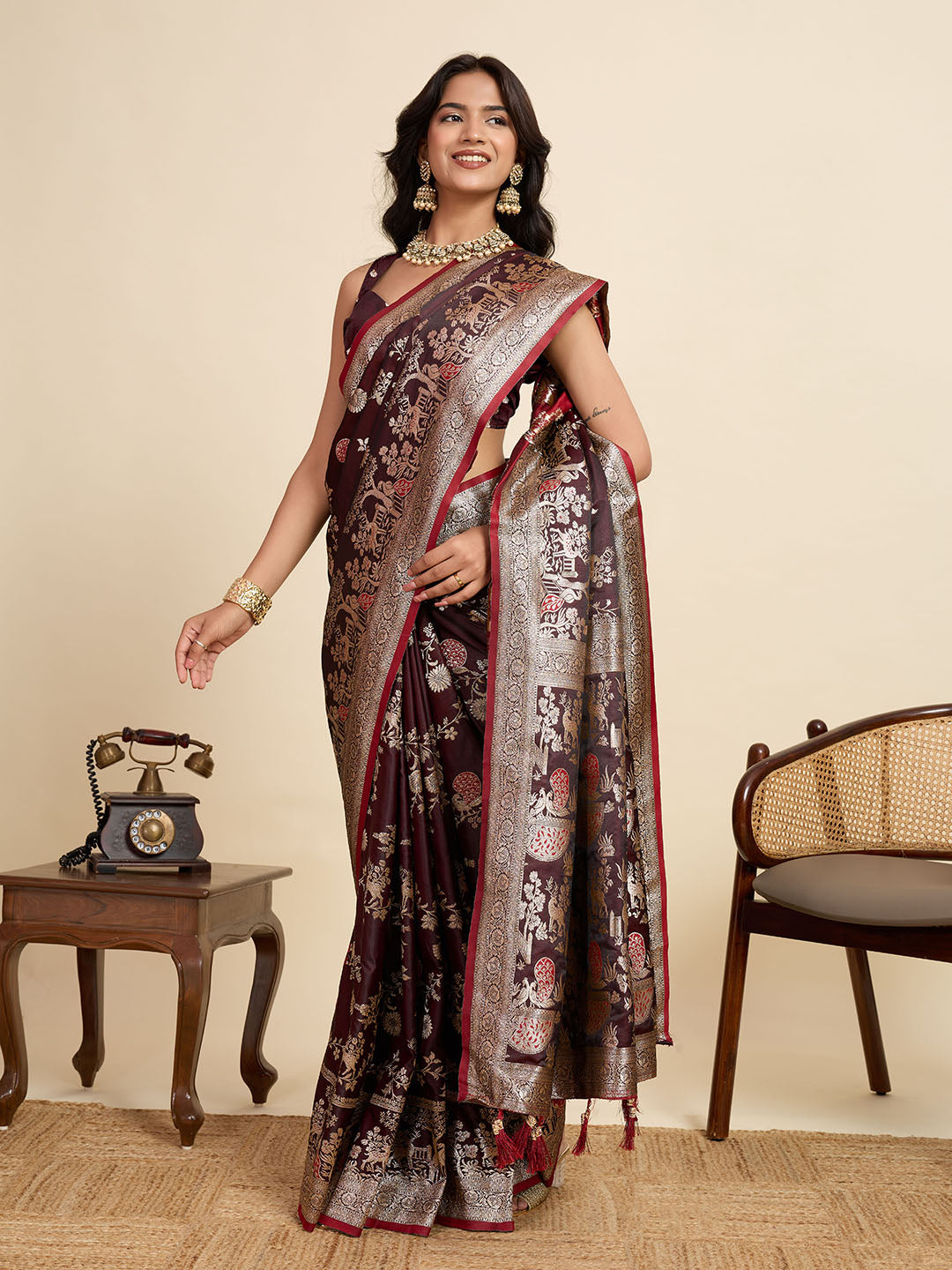Premium Brown  Two-Tone Satin Soft Silk Saree with All Over Zari Work & Contrast Woven Border (Copy)