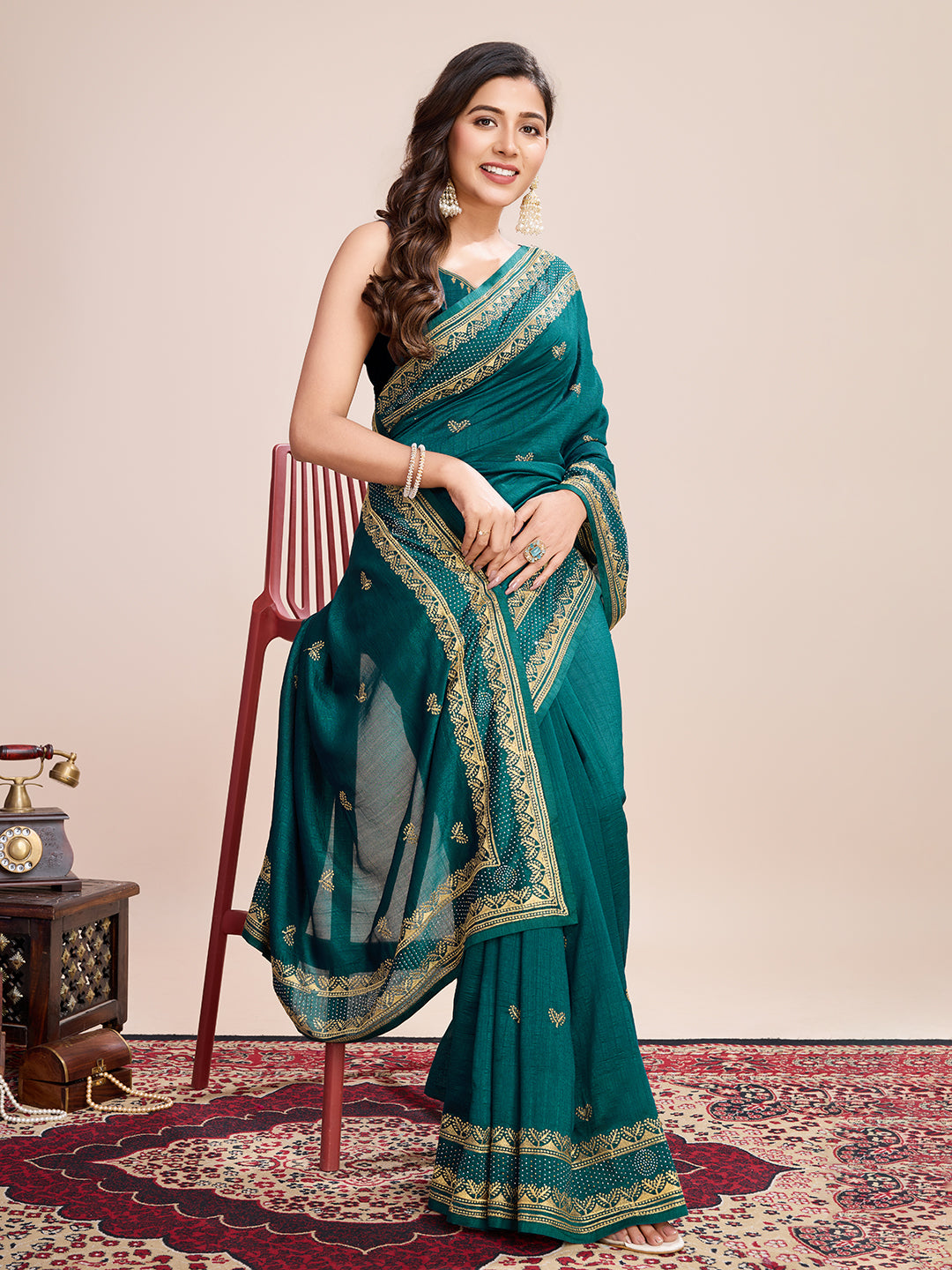 Soft Vichitra Silk Rama Saree with Intricate Multicolor Floral Work & Coordinated Embroidered