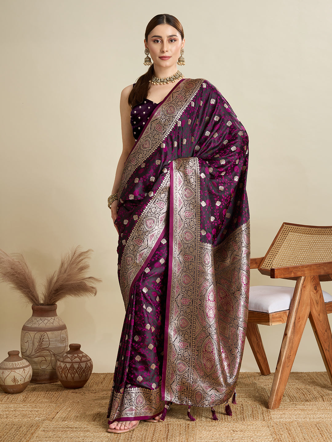 Soft Satin Silk Wine Saree with Rich Zari Motifs, Contrast Border & Elegant Blouse