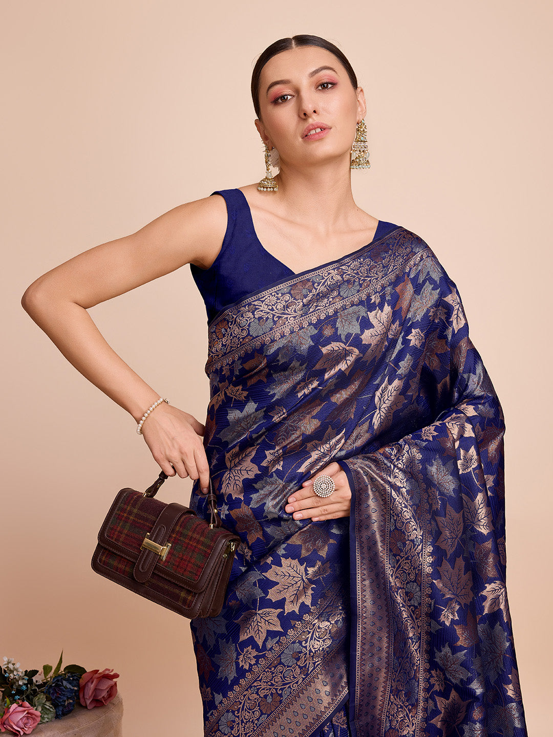 Navy Blue Pure Silk Saree – Double Zari Weaving with Soft Zari Border & Contrast Gold/Copper Accents