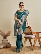 Soft Satin Silk Green Saree with Rich Zari Motifs, Contrast Border & Elegant Blouse