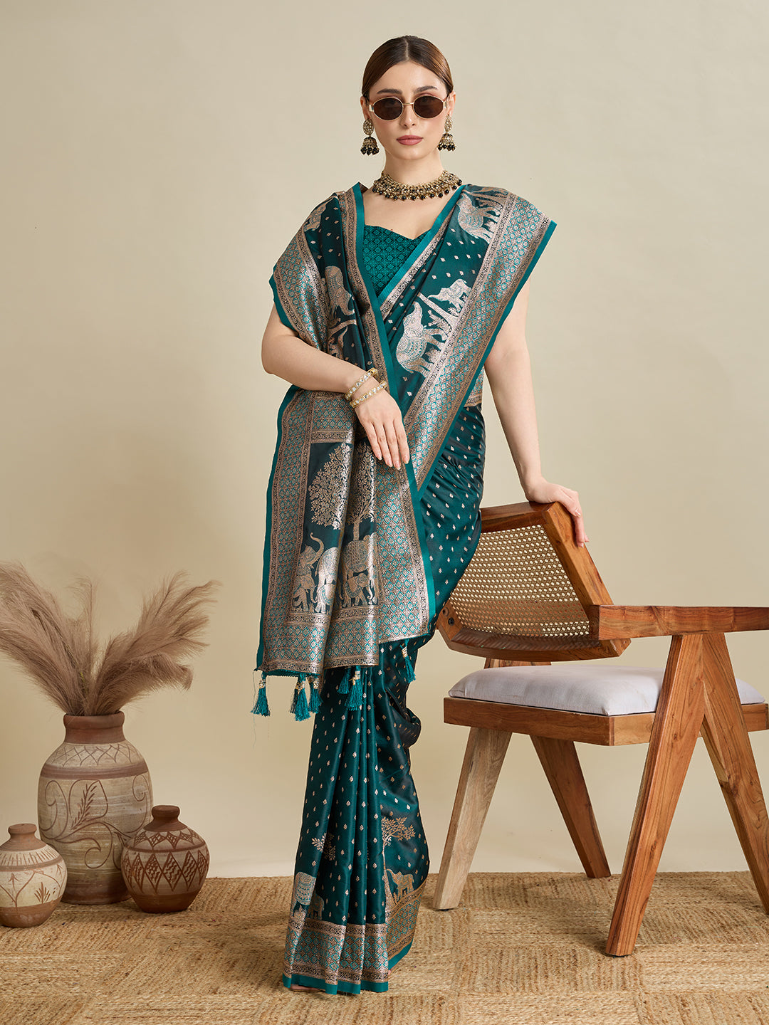 Soft Satin Silk Green Saree with Rich Zari Motifs, Contrast Border & Elegant Blouse