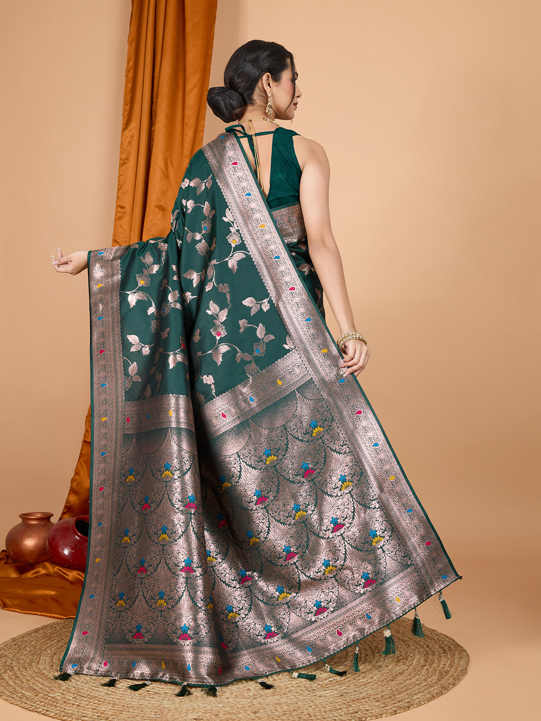 Dark Green Soft Banarasi Silk Saree Featuring Meenakari Zari Weaving & Tassels on Pallu