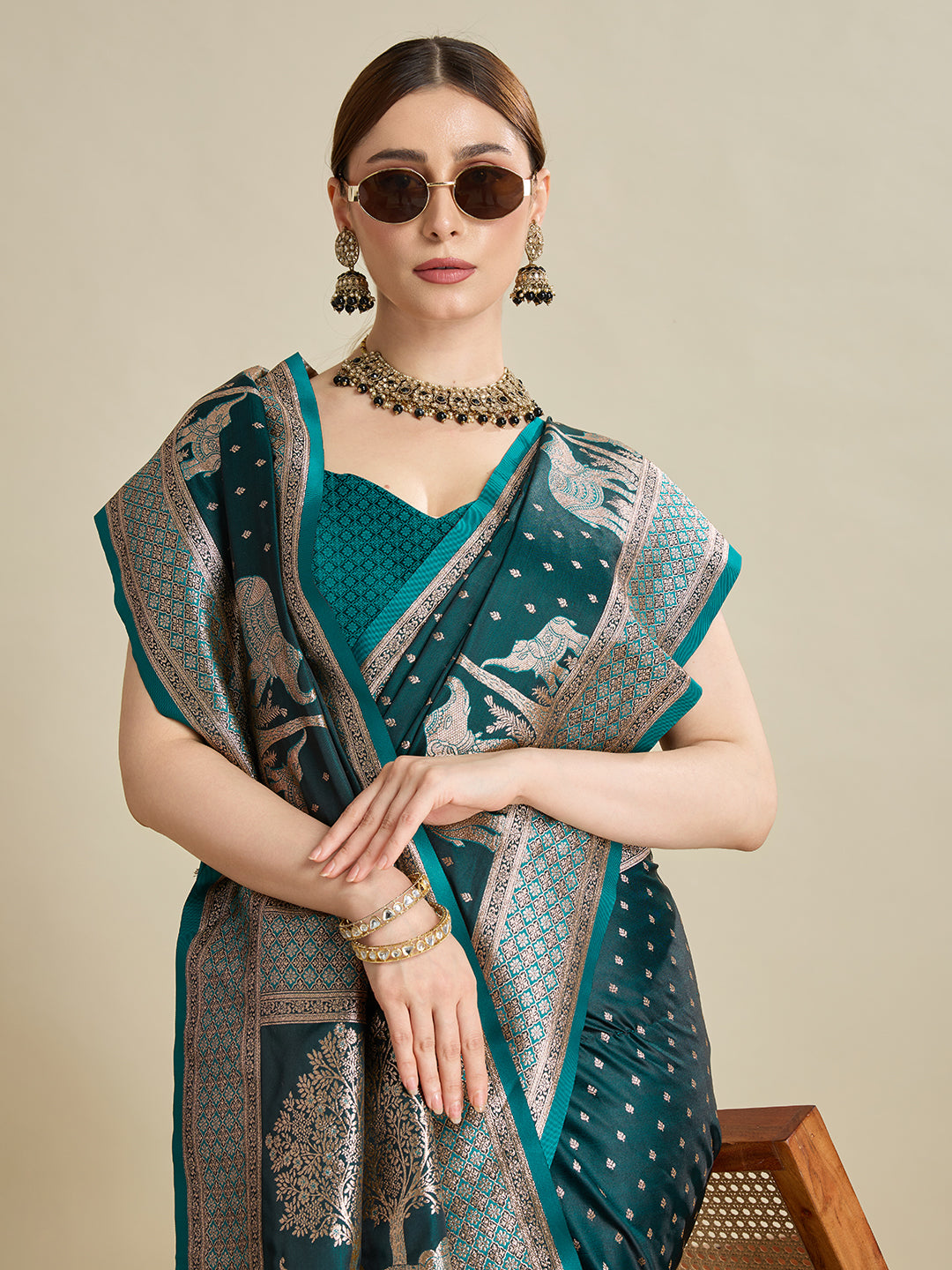 Soft Satin Silk Green Saree with Rich Zari Motifs, Contrast Border & Elegant Blouse