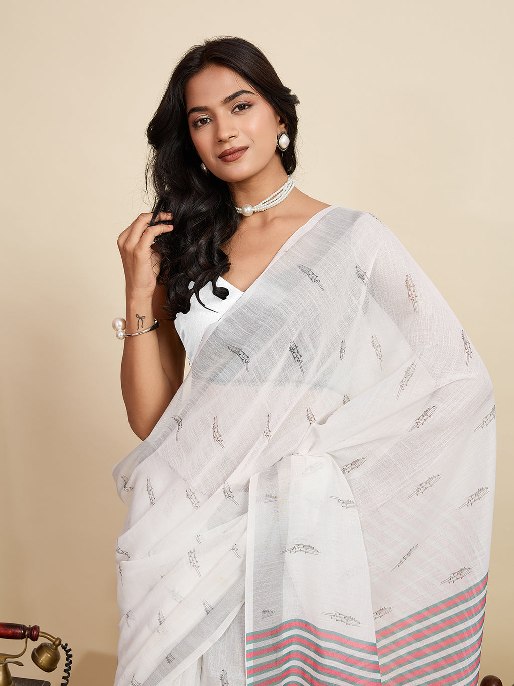 Women's White Color Linen Saree with Jari Border and Blouse – Printed All Over Designer