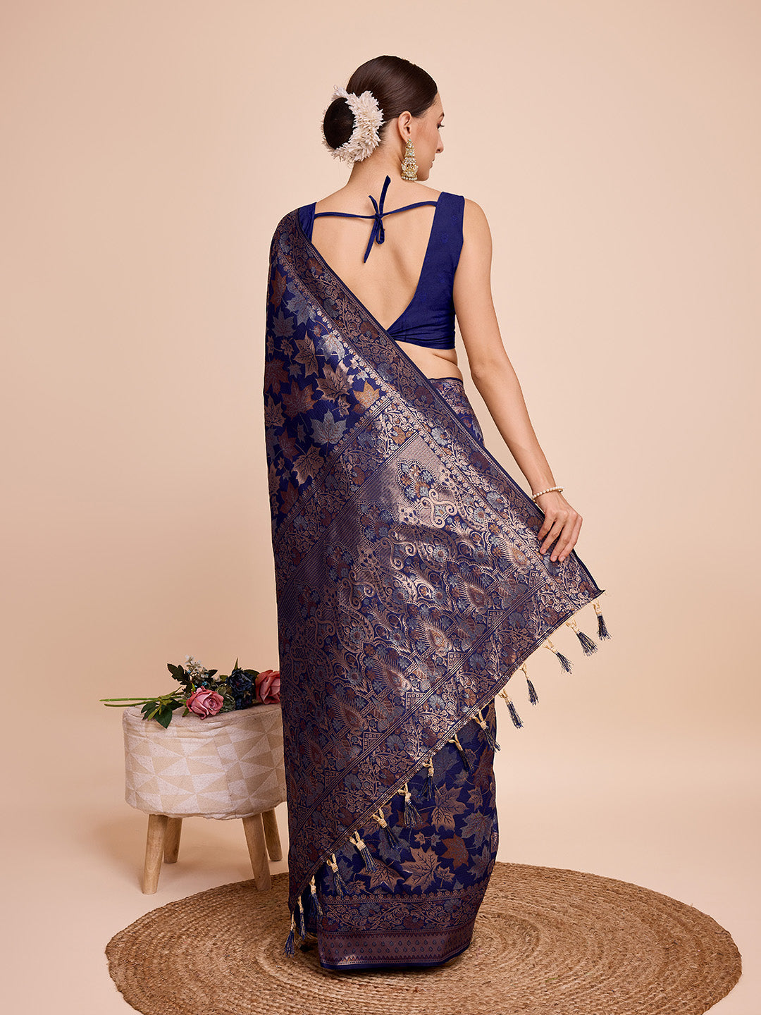 Navy Blue Pure Silk Saree – Double Zari Weaving with Soft Zari Border & Contrast Gold/Copper Accents