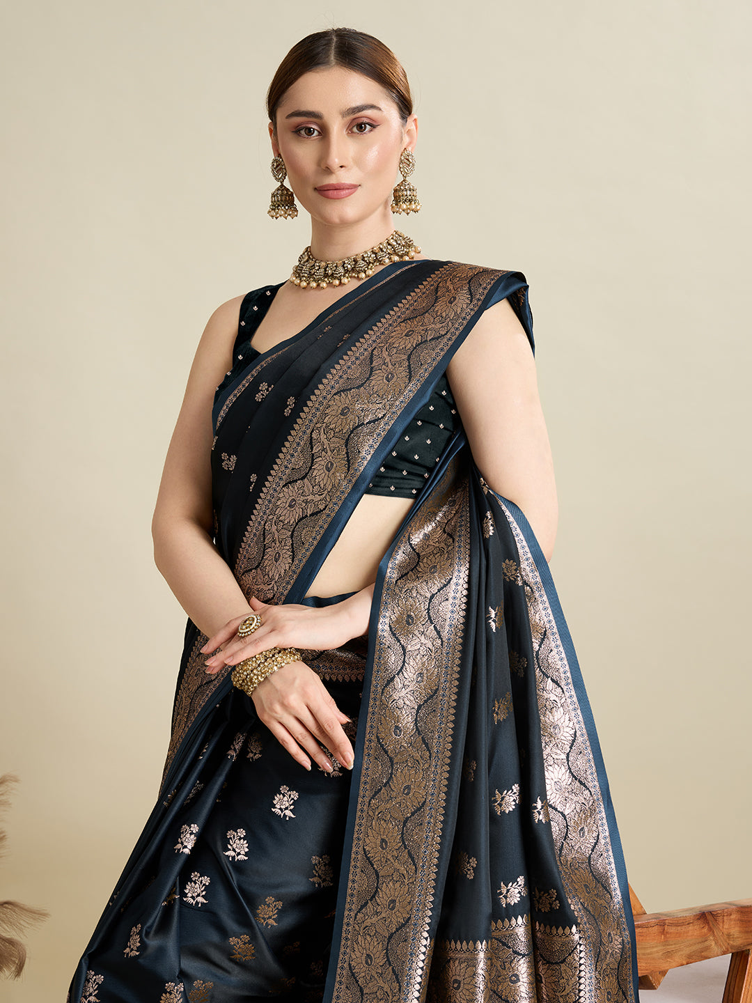 Soft Satin Silk Black Saree with Rich Zari Motifs, Contrast Border & Elegant Blouse