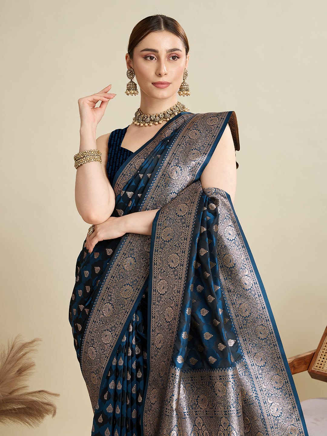 Soft Satin Silk Navy blue Saree with Rich Zari Motifs, Contrast Border & Elegant Blouse