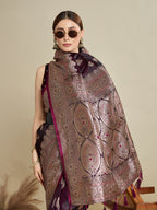 Soft Satin Silk Wine Saree with Rich Zari Motifs, Contrast Border & Elegant Blouse