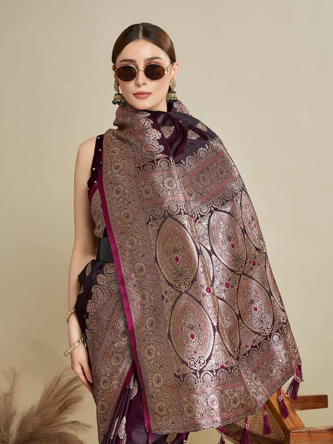 Soft Satin Silk Wine Saree with Rich Zari Motifs, Contrast Border & Elegant Blouse