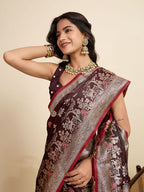 Premium Brown  Two-Tone Satin Soft Silk Saree with All Over Zari Work & Contrast Woven Border (Copy)
