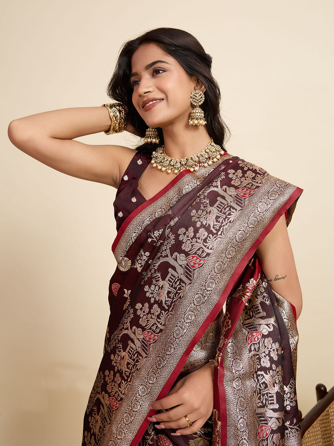 Premium Brown  Two-Tone Satin Soft Silk Saree with All Over Zari Work & Contrast Woven Border (Copy)