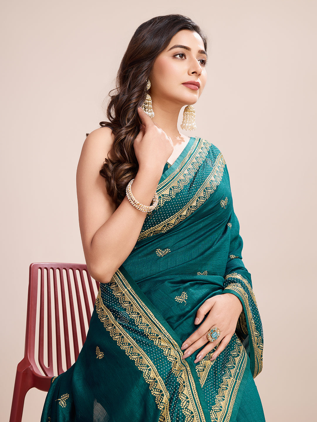 Soft Vichitra Silk Rama Saree with Intricate Multicolor Floral Work & Coordinated Embroidered