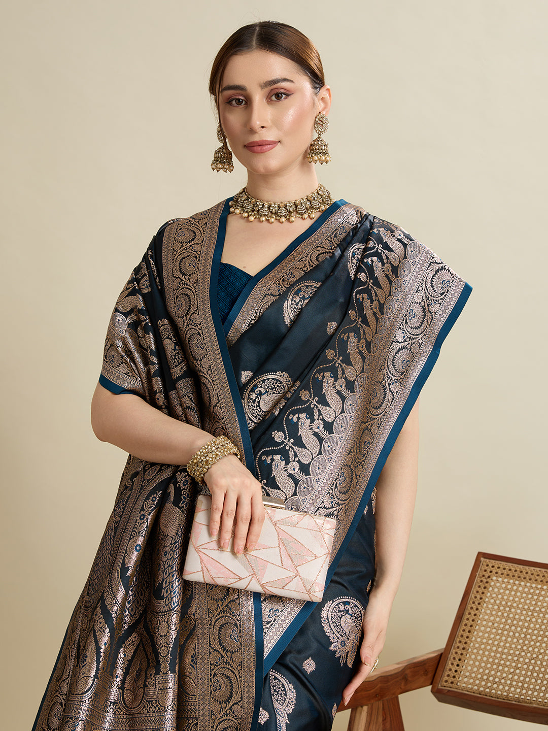 Soft Satin Silk Blue Saree with Rich Zari Motifs, Contrast Border & Elegant Blouse
