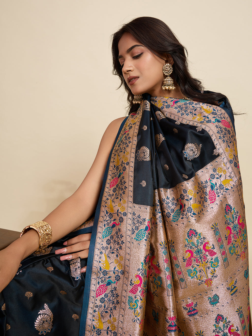 Black Soft Silk Saree in Premium Two-Tone Satin with Paithani Design, Rich Zari Pallu & Contrast Mina Border