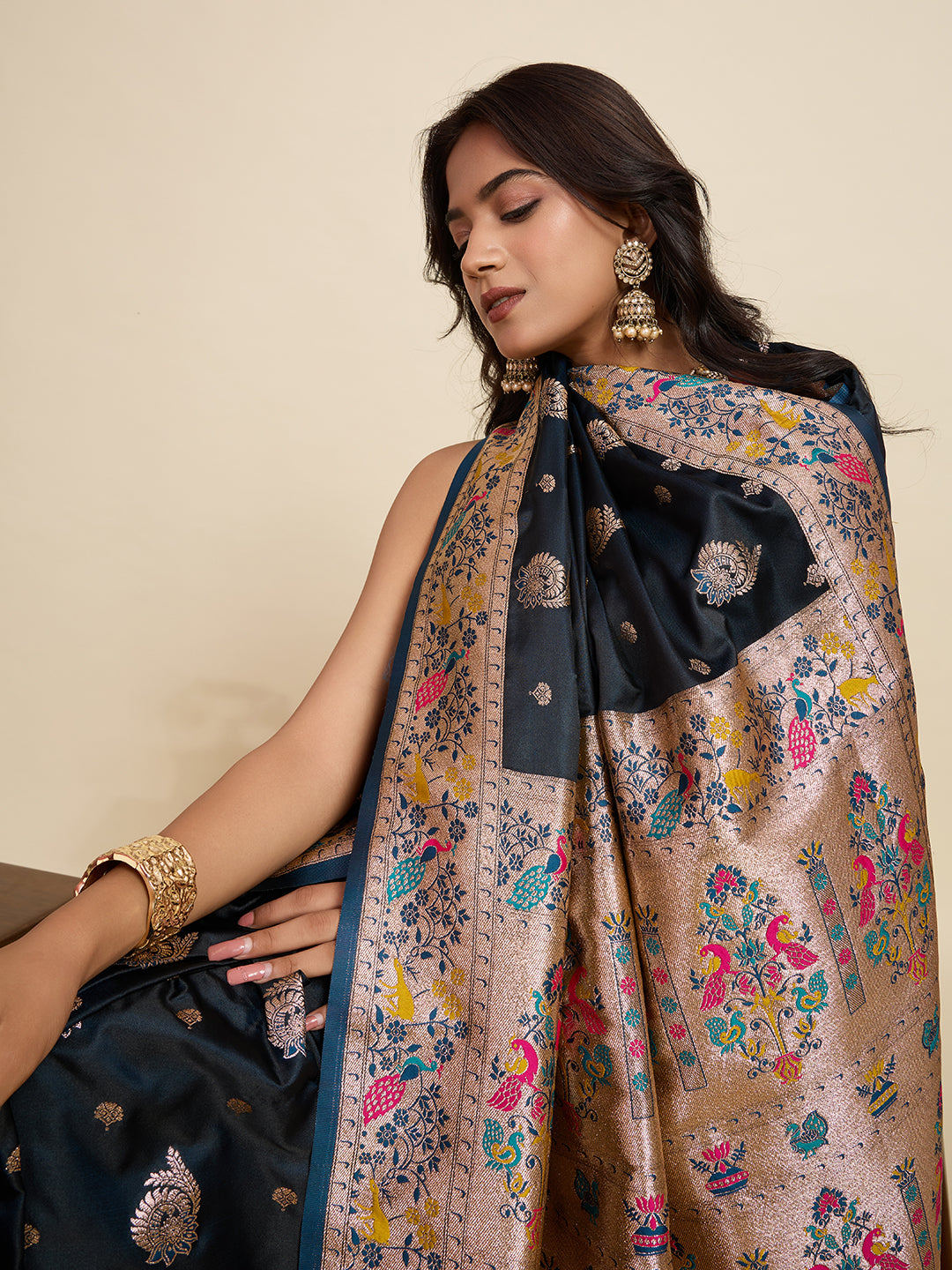 Black Soft Silk Saree in Premium Two-Tone Satin with Paithani Design, Rich Zari Pallu & Contrast Mina Border