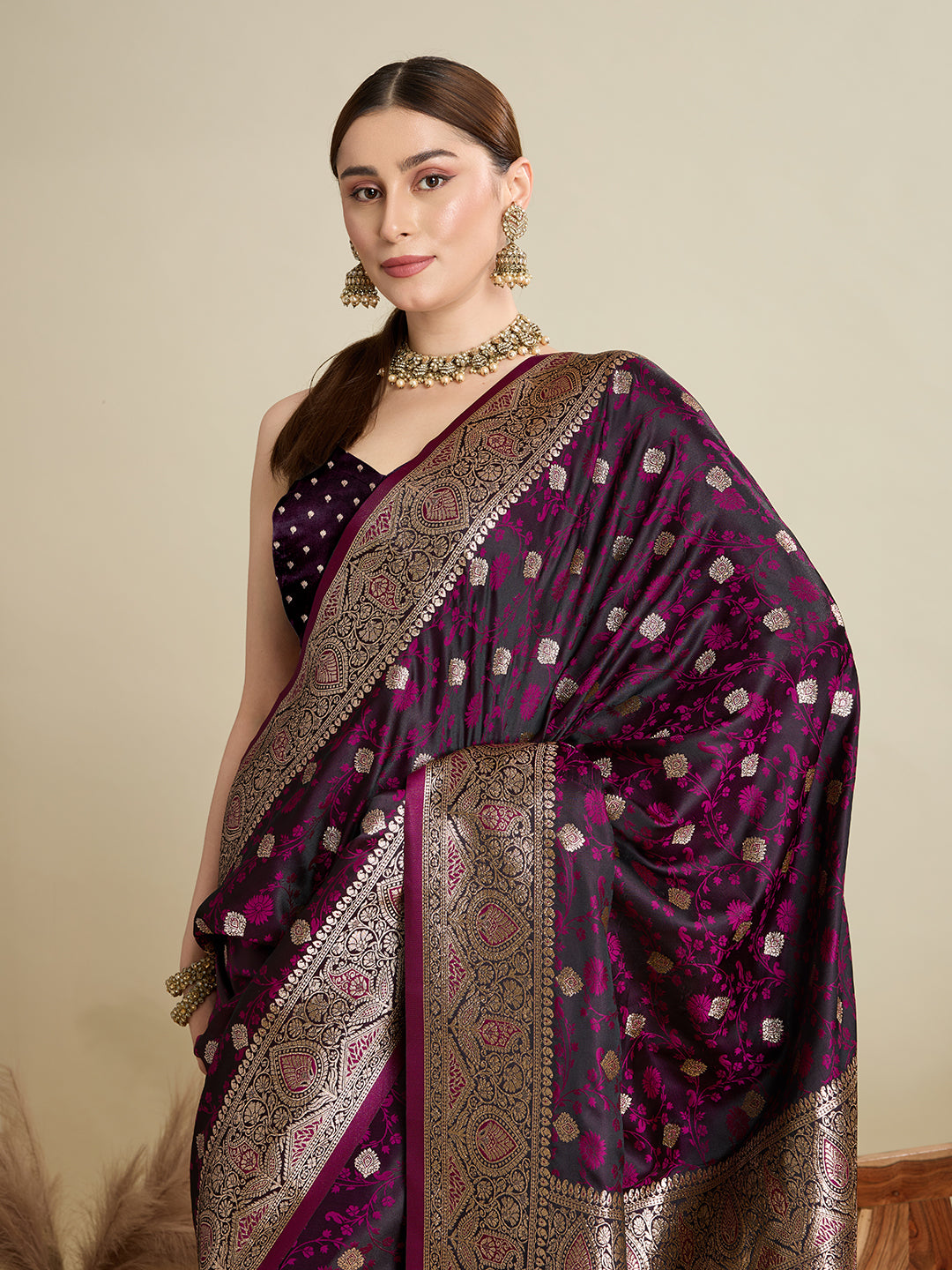 Soft Satin Silk Wine Saree with Rich Zari Motifs, Contrast Border & Elegant Blouse