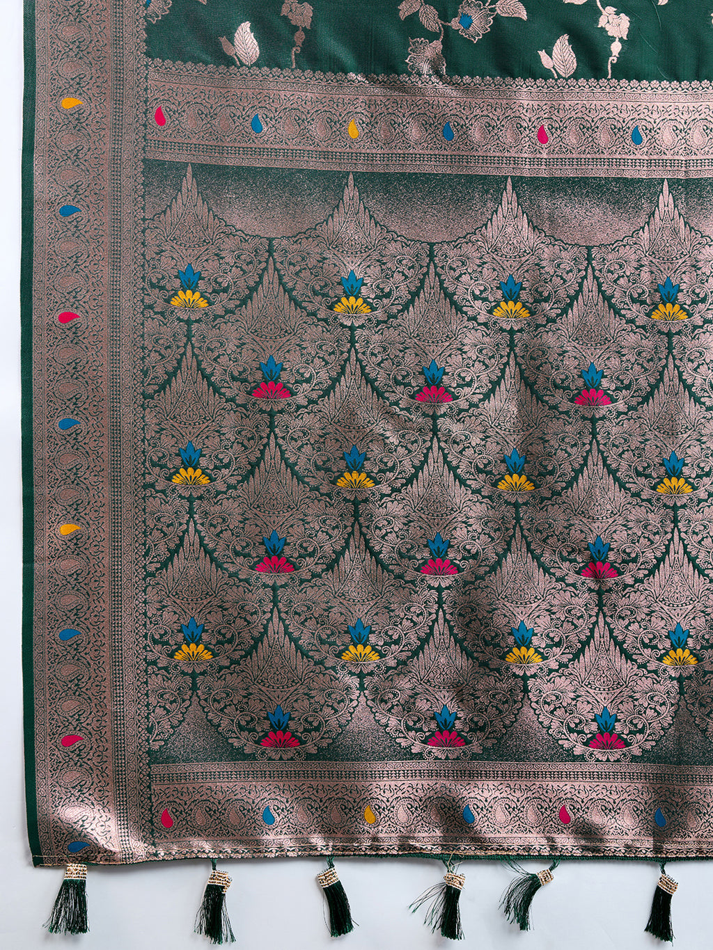 Dark Green Soft Banarasi Silk Saree Featuring Meenakari Zari Weaving & Tassels on Pallu
