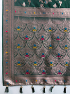 Dark Green Soft Banarasi Silk Saree Featuring Meenakari Zari Weaving & Tassels on Pallu
