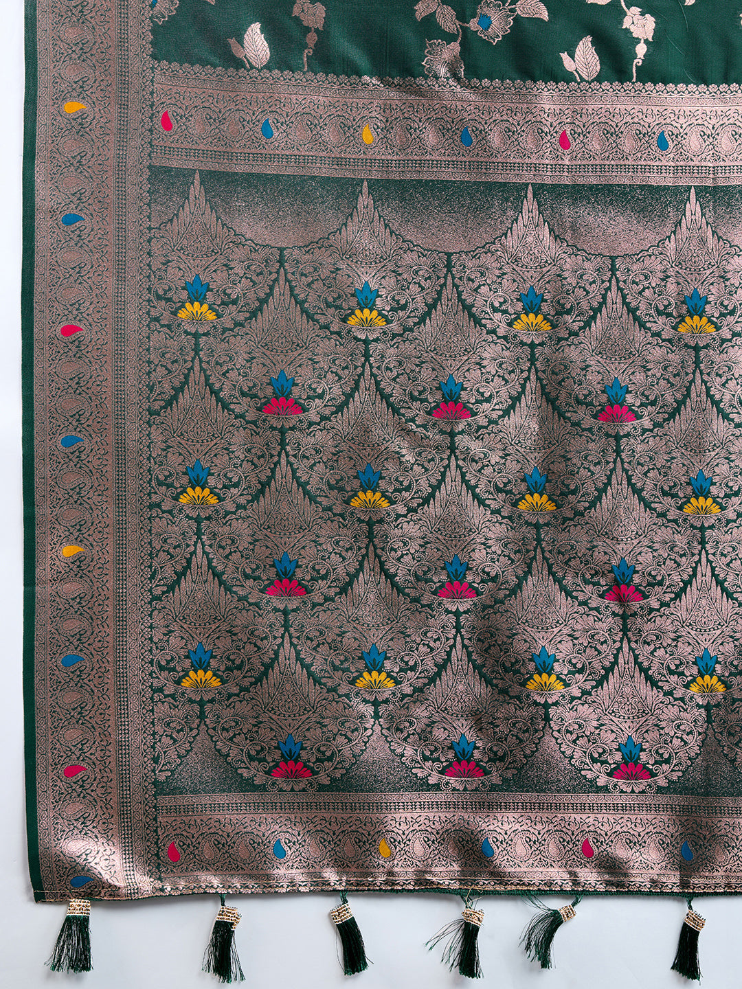 Dark Green Soft Banarasi Silk Saree Featuring Meenakari Zari Weaving & Tassels on Pallu