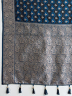 Soft Satin Silk Navy blue Saree with Rich Zari Motifs, Contrast Border & Elegant Blouse