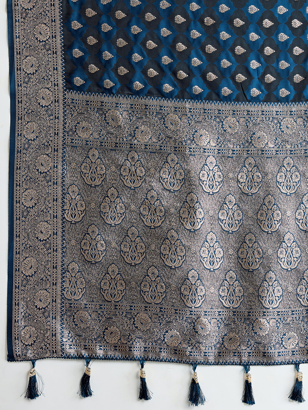 Soft Satin Silk Navy blue Saree with Rich Zari Motifs, Contrast Border & Elegant Blouse