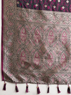 Soft Satin Silk Wine Saree with Rich Zari Motifs, Contrast Border & Elegant Blouse