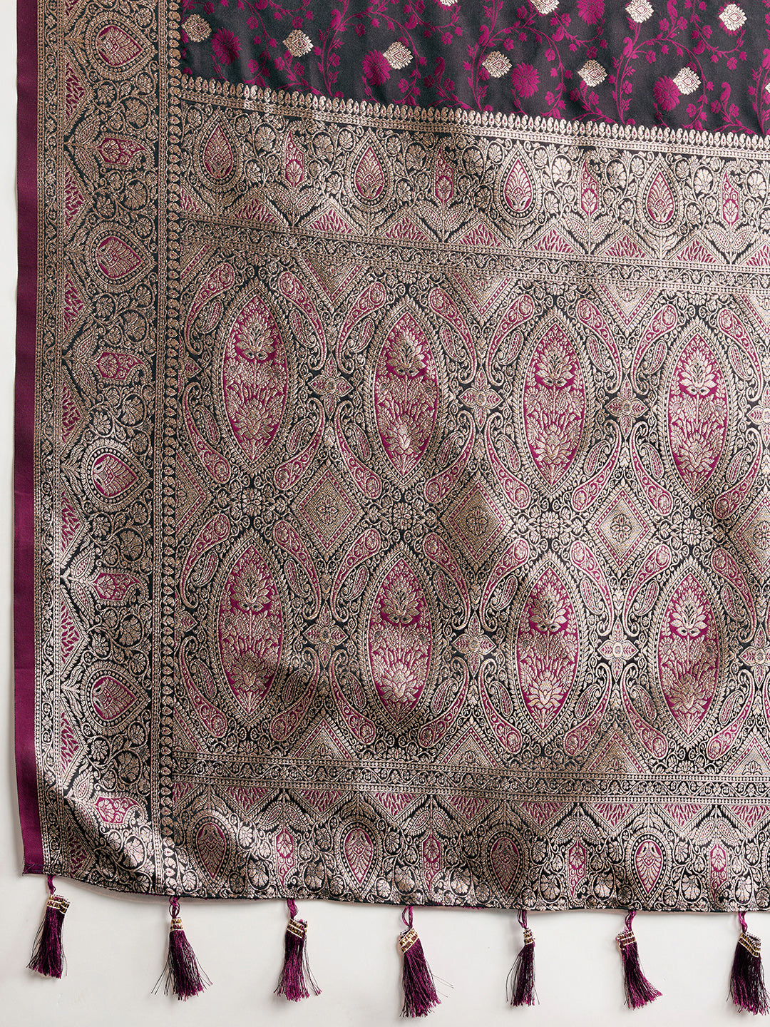 Soft Satin Silk Wine Saree with Rich Zari Motifs, Contrast Border & Elegant Blouse
