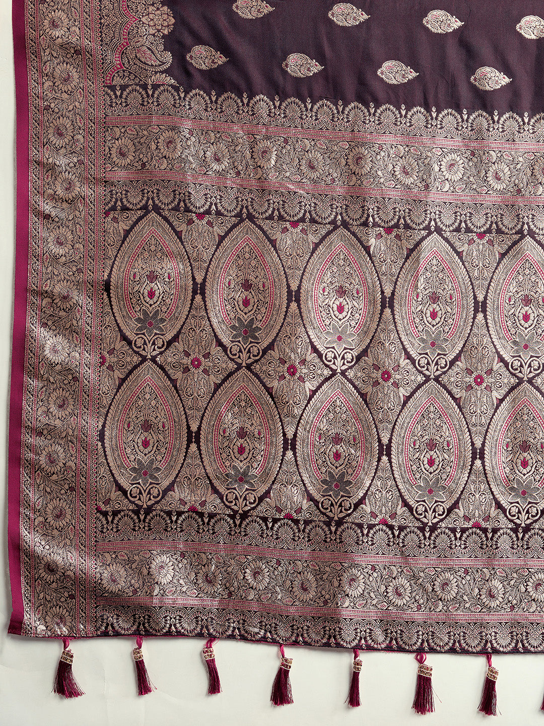 Soft Satin Silk Wine Saree with Rich Zari Motifs, Contrast Border & Elegant Blouse