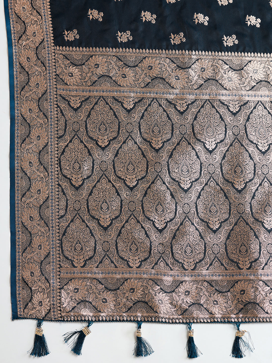 Soft Satin Silk Black Saree with Rich Zari Motifs, Contrast Border & Elegant Blouse
