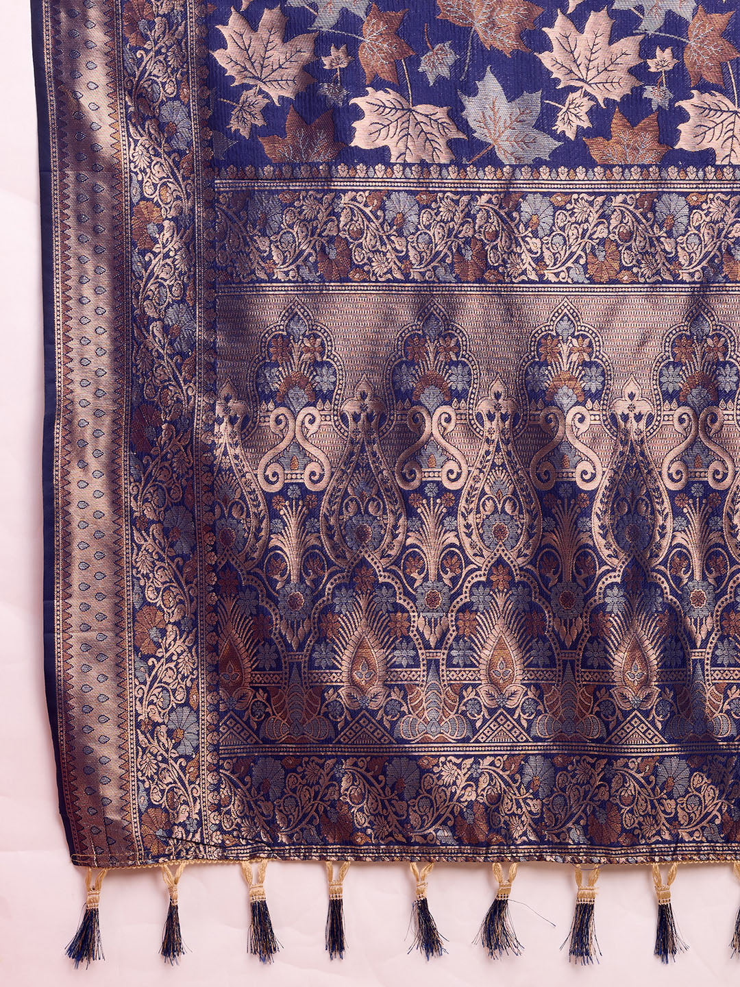 Navy Blue Pure Silk Saree – Double Zari Weaving with Soft Zari Border & Contrast Gold/Copper Accents