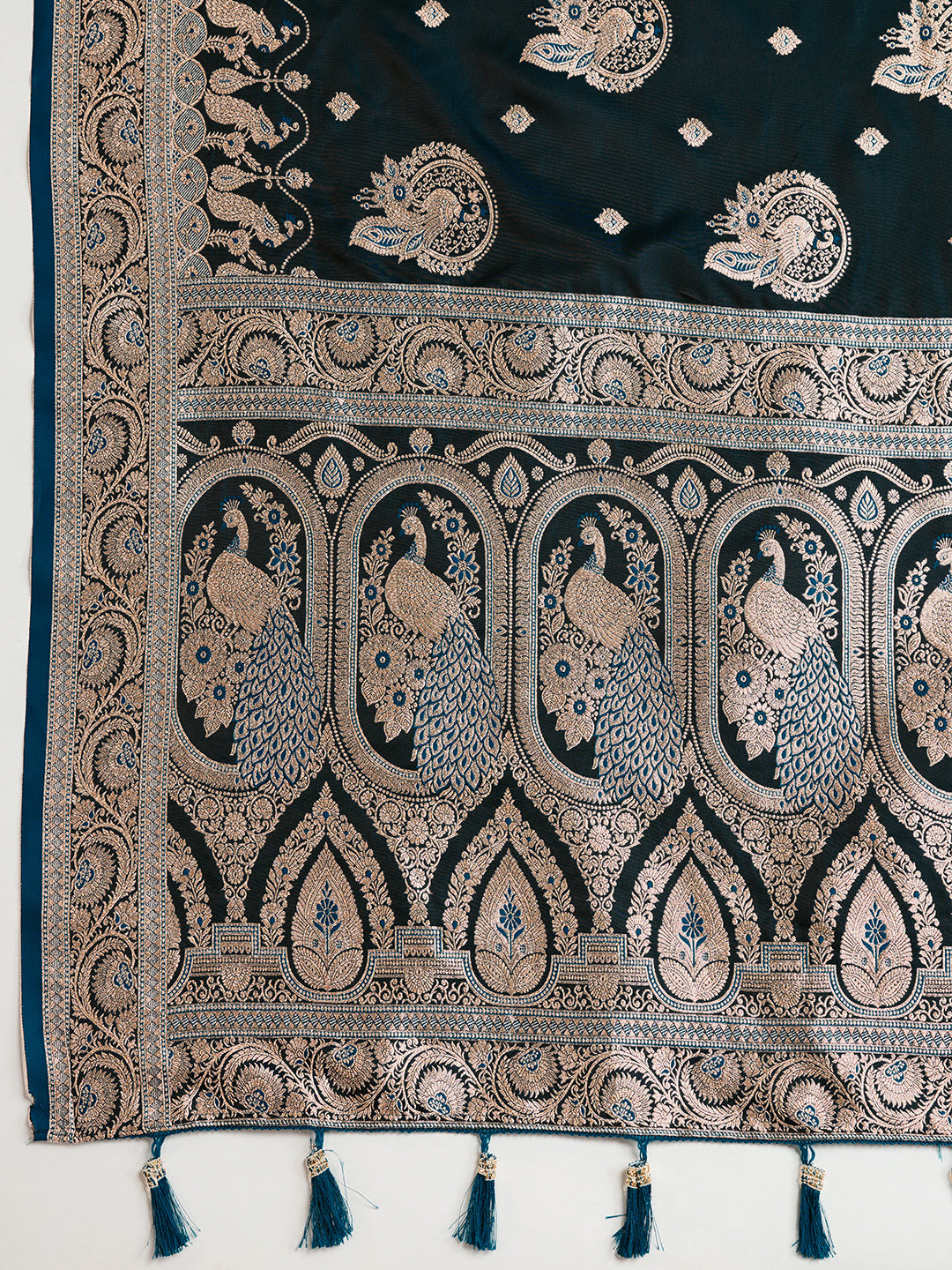 Soft Satin Silk NavyBlue Saree with Rich Zari Motifs, Contrast Border & Elegant Blouse