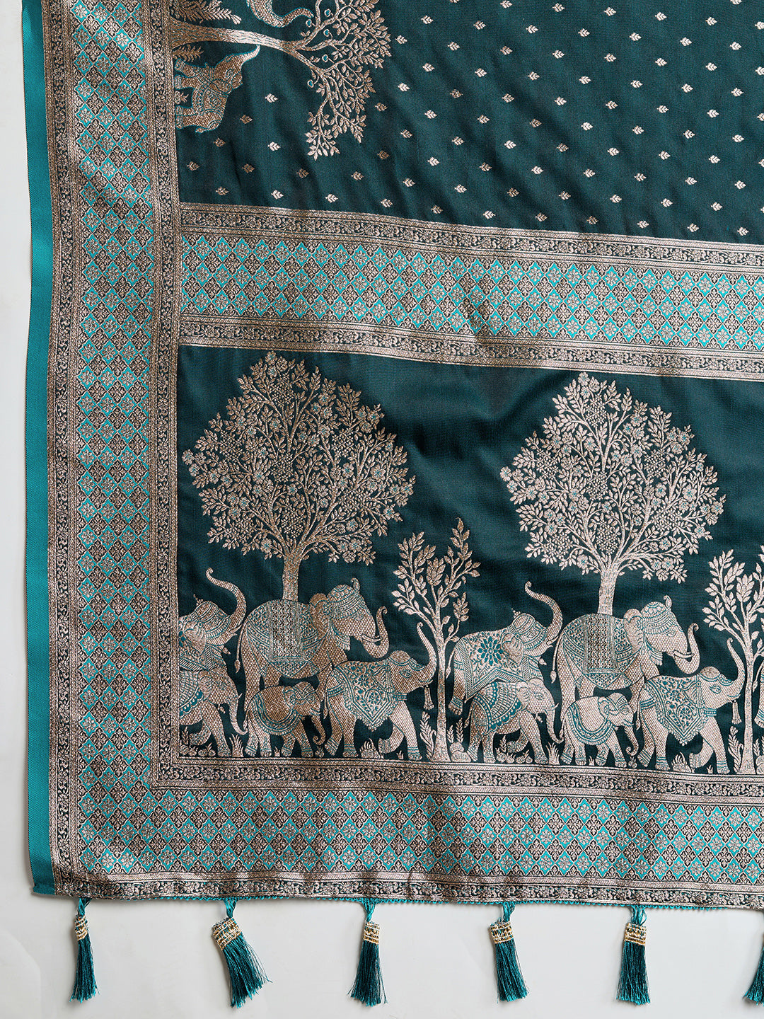 Soft Satin Silk Green Saree with Rich Zari Motifs, Contrast Border & Elegant Blouse