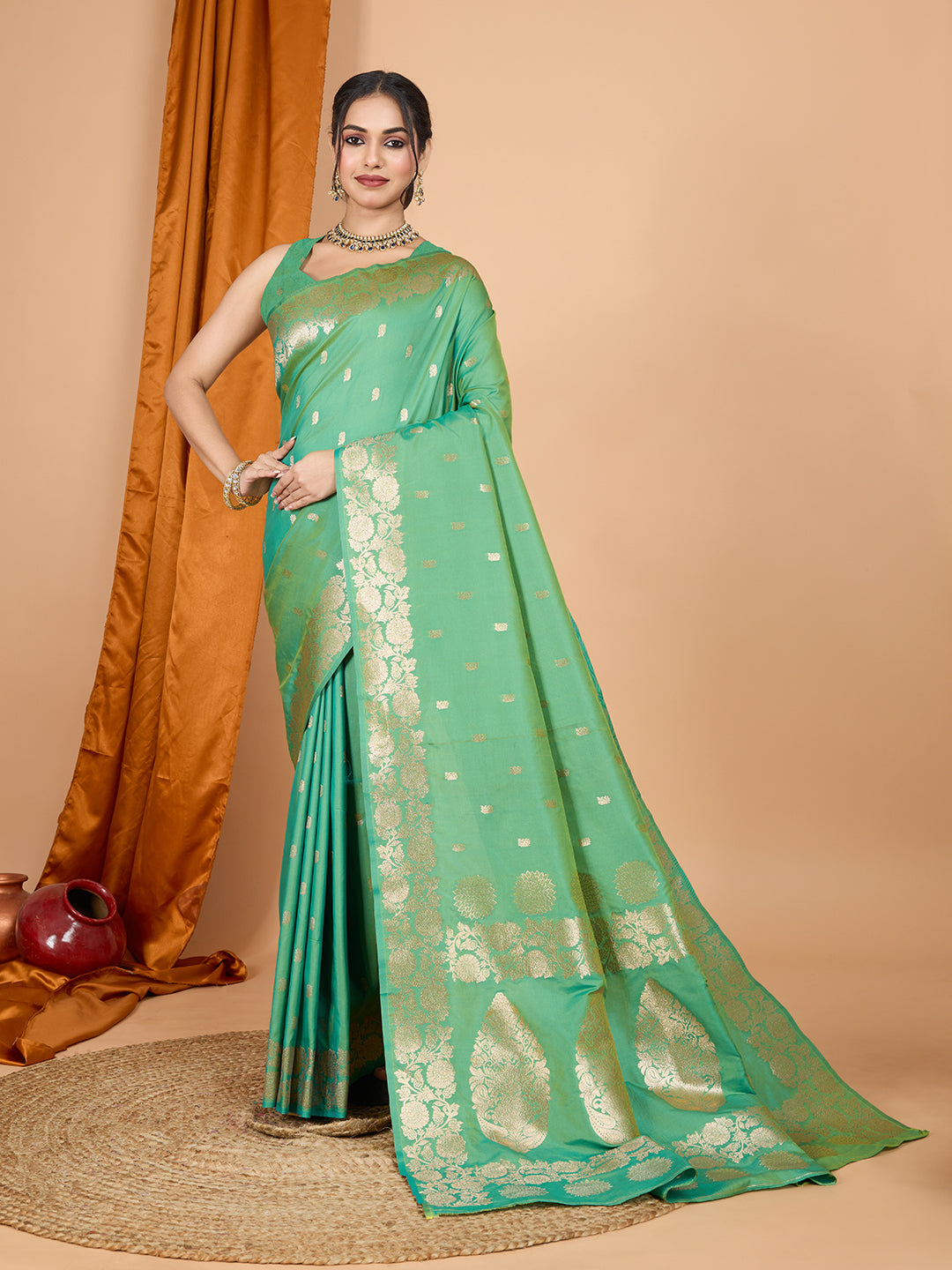Green Soft Banarasi Silk Saree Featuring Meenakari Zari Weaving & Tassels on Pallu