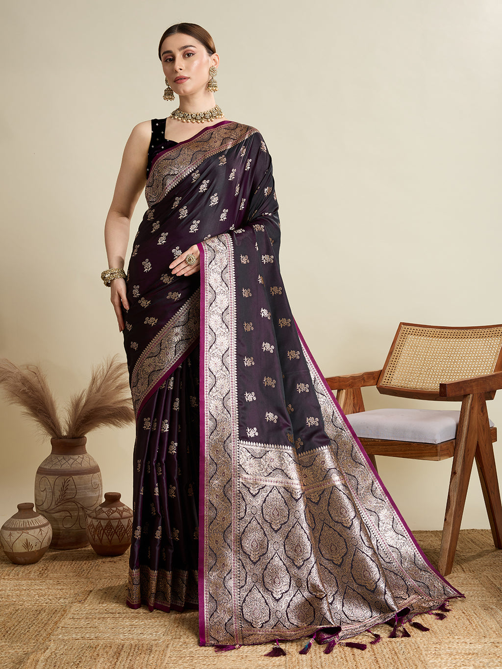 Soft Satin Silk Wine  Saree with Rich Zari Motifs, Contrast Border & Elegant Blouse