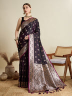 Soft Satin Silk Wine  Saree with Rich Zari Motifs, Contrast Border & Elegant Blouse