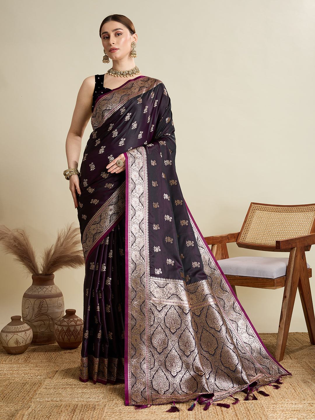 Soft Satin Silk Wine  Saree with Rich Zari Motifs, Contrast Border & Elegant Blouse