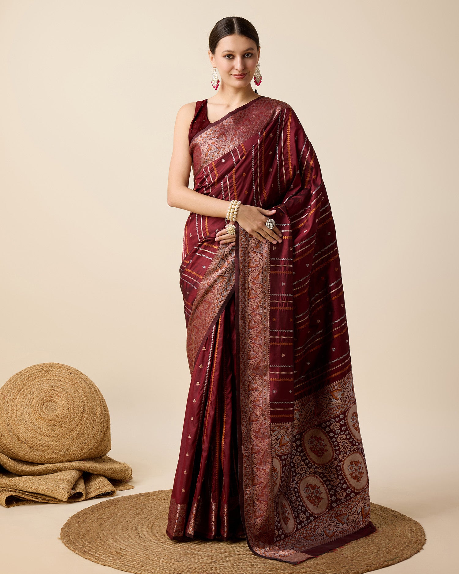 Maroon Pure Jacquard with Sona Chandi Zari – A Luxe Weave for Wedding & Festive Couture