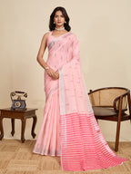 Women's Baby Pink Linen Saree with Jari Border and Blouse – Printed All Over Design