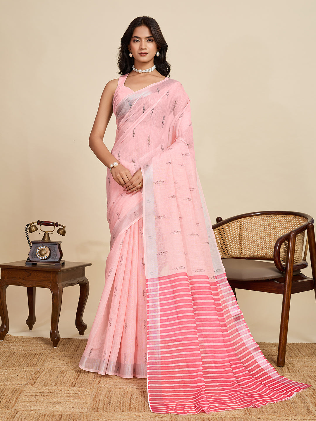 Women's Baby Pink Linen Saree with Jari Border and Blouse – Printed All Over Design