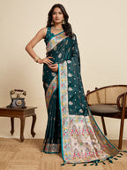 Green Soft Silk Saree in Premium Two-Tone Satin with Paithani Design, Rich Zari Pallu & Contrast Mina Border