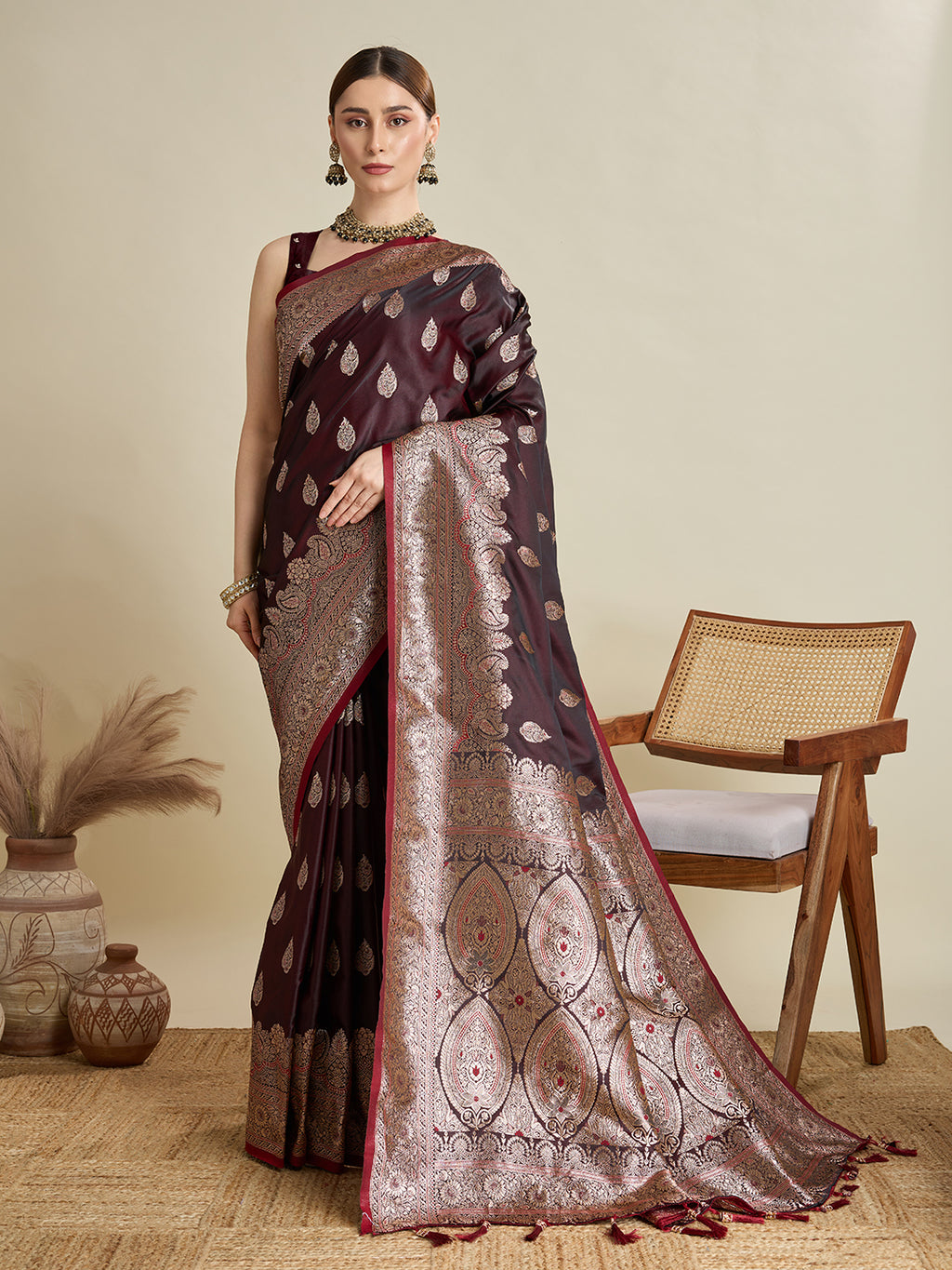 Soft Satin Silk Maroon Saree with Rich Zari Motifs, Contrast Border & Elegant Blouse