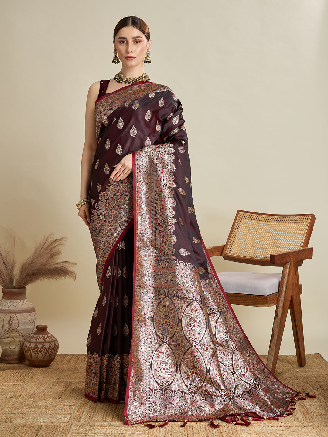 Soft Satin Silk Maroon Saree with Rich Zari Motifs, Contrast Border & Elegant Blouse