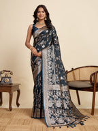 Premium Black Two-Tone Satin Soft Silk Saree with All Over Zari Work & Contrast Woven Border
