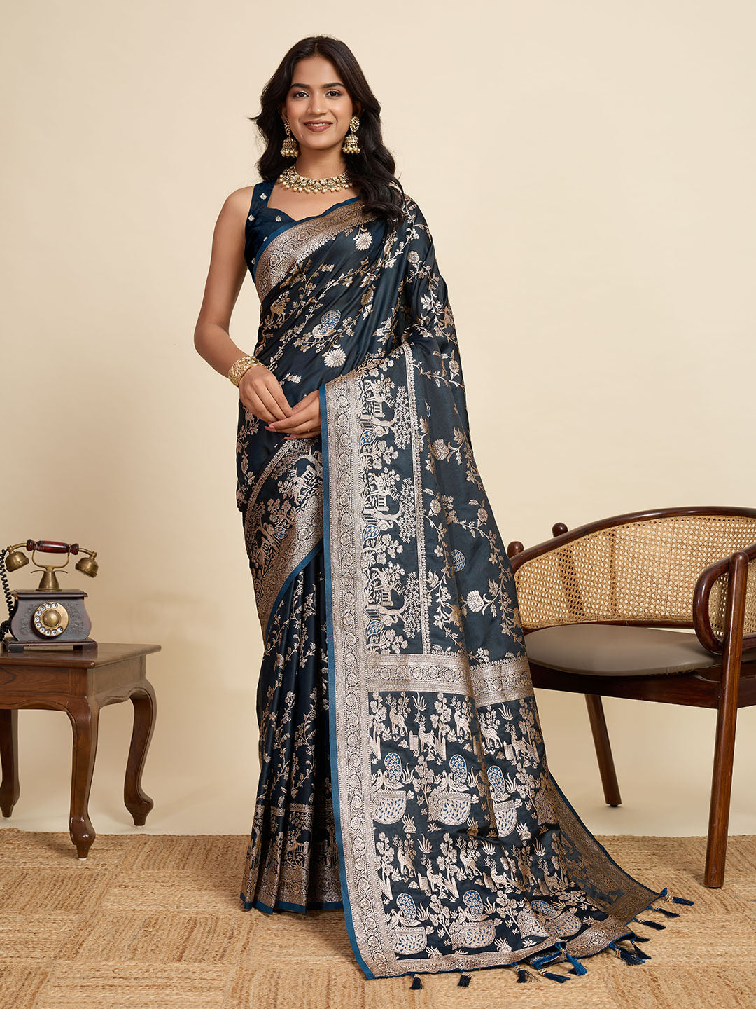 Premium Black Two-Tone Satin Soft Silk Saree with All Over Zari Work & Contrast Woven Border