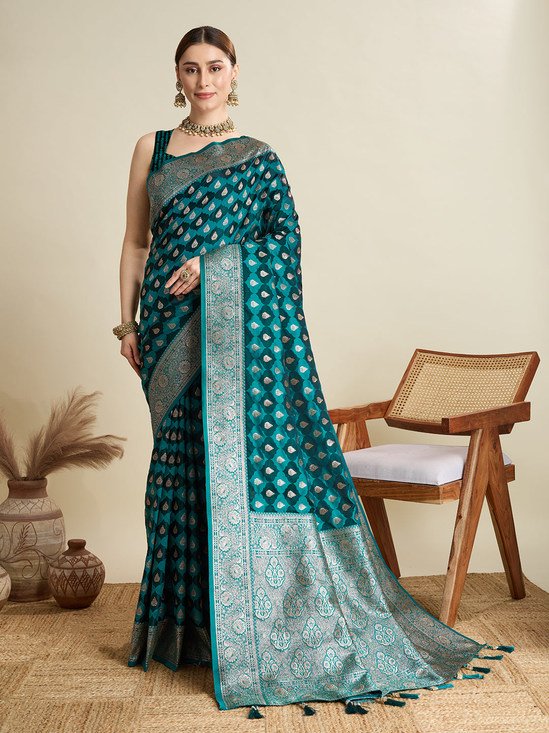Soft Satin Silk Navy blue Saree with Rich Zari Motifs, Contrast Border & Elegant Blouse