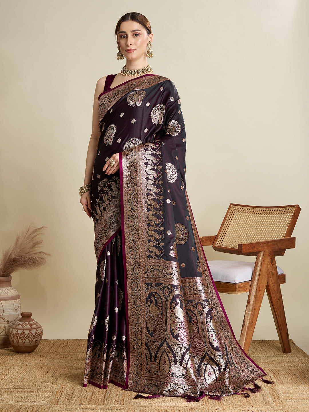 Soft Satin Silk Wine  Saree with Rich Zari Motifs, Contrast Border & Elegant Blouse