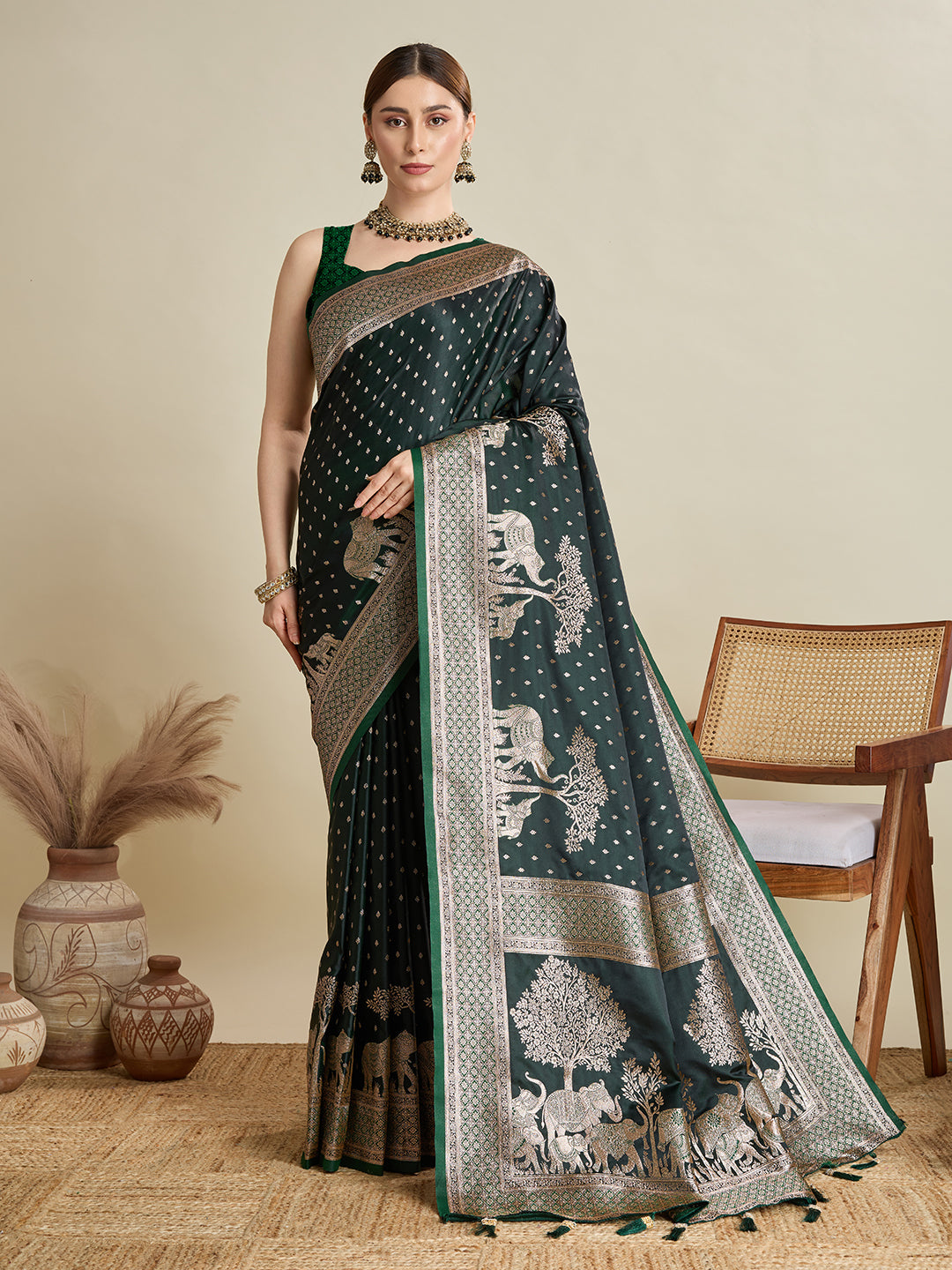 Soft Satin Silk Green Saree with Rich Zari Motifs, Contrast Border & Elegant Blouse